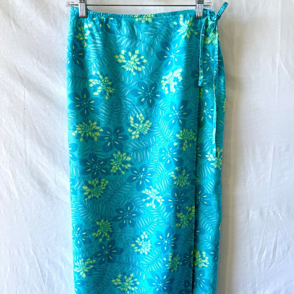 Eddie Bauer Linen Long Wrap Skirt, Turquoise Blue Floral, Size 12, EC!